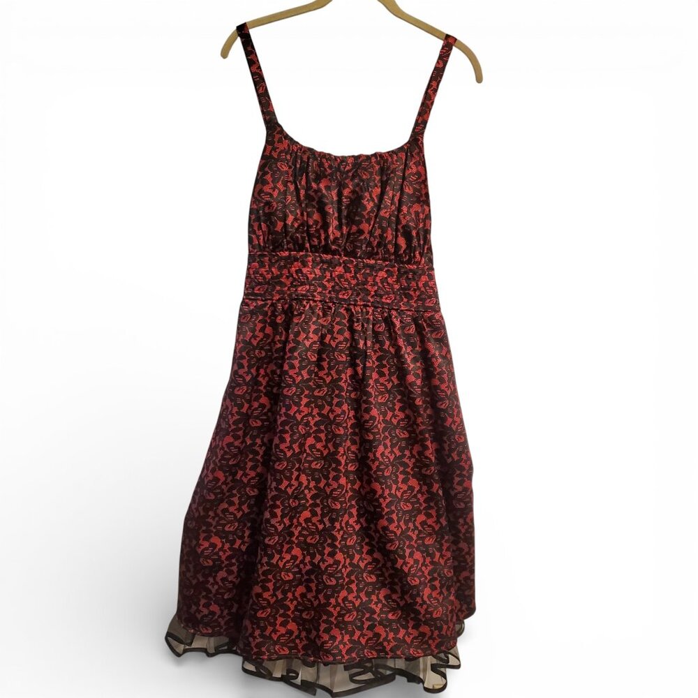 Vintage Y2K Black Red Gloral Lace Flare Sleeveless Midi Dress Size 20